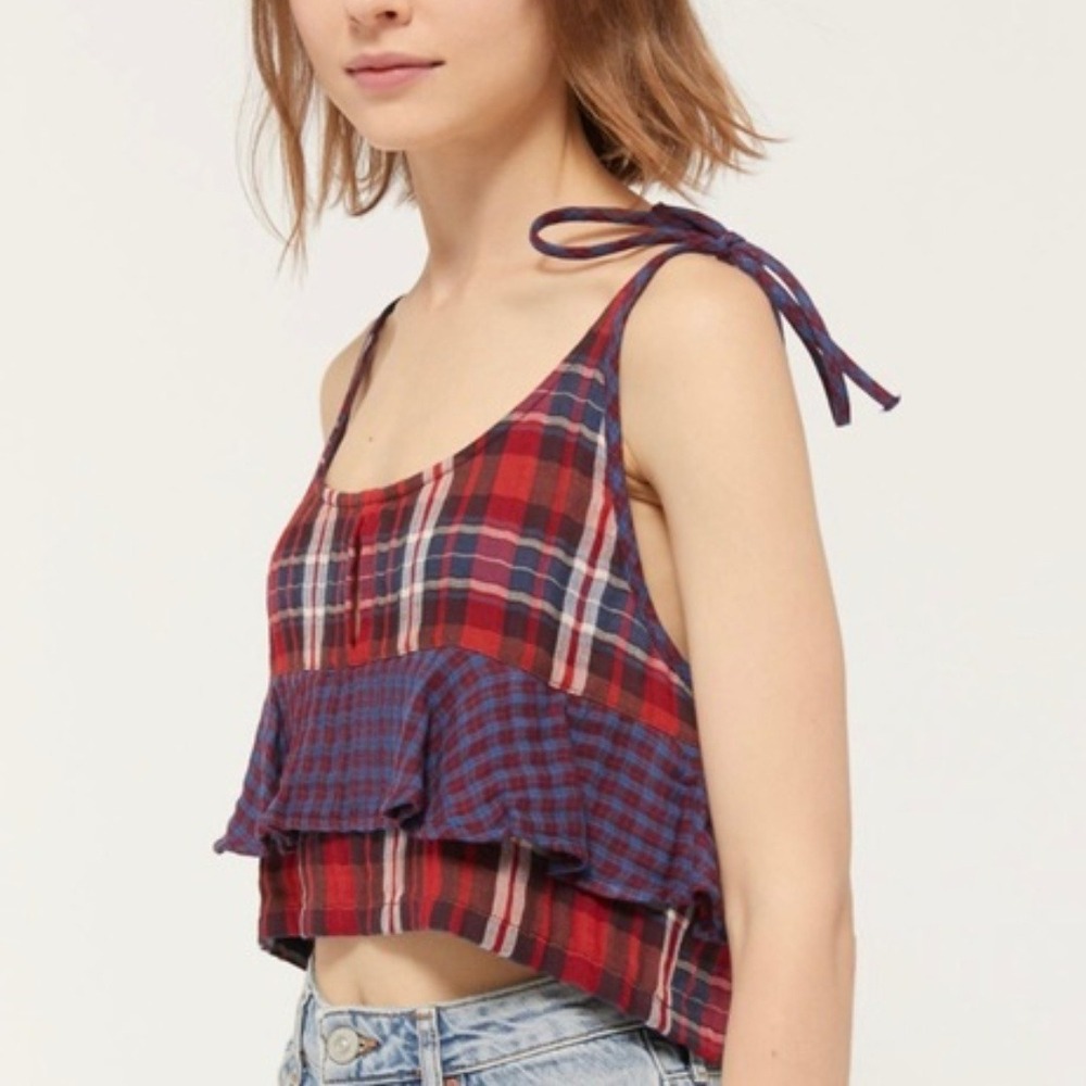 Urban Outfitters | Jo Tie-Shoulder 100% Cotton Plaid Ruffle Crop Top, Red & Blue